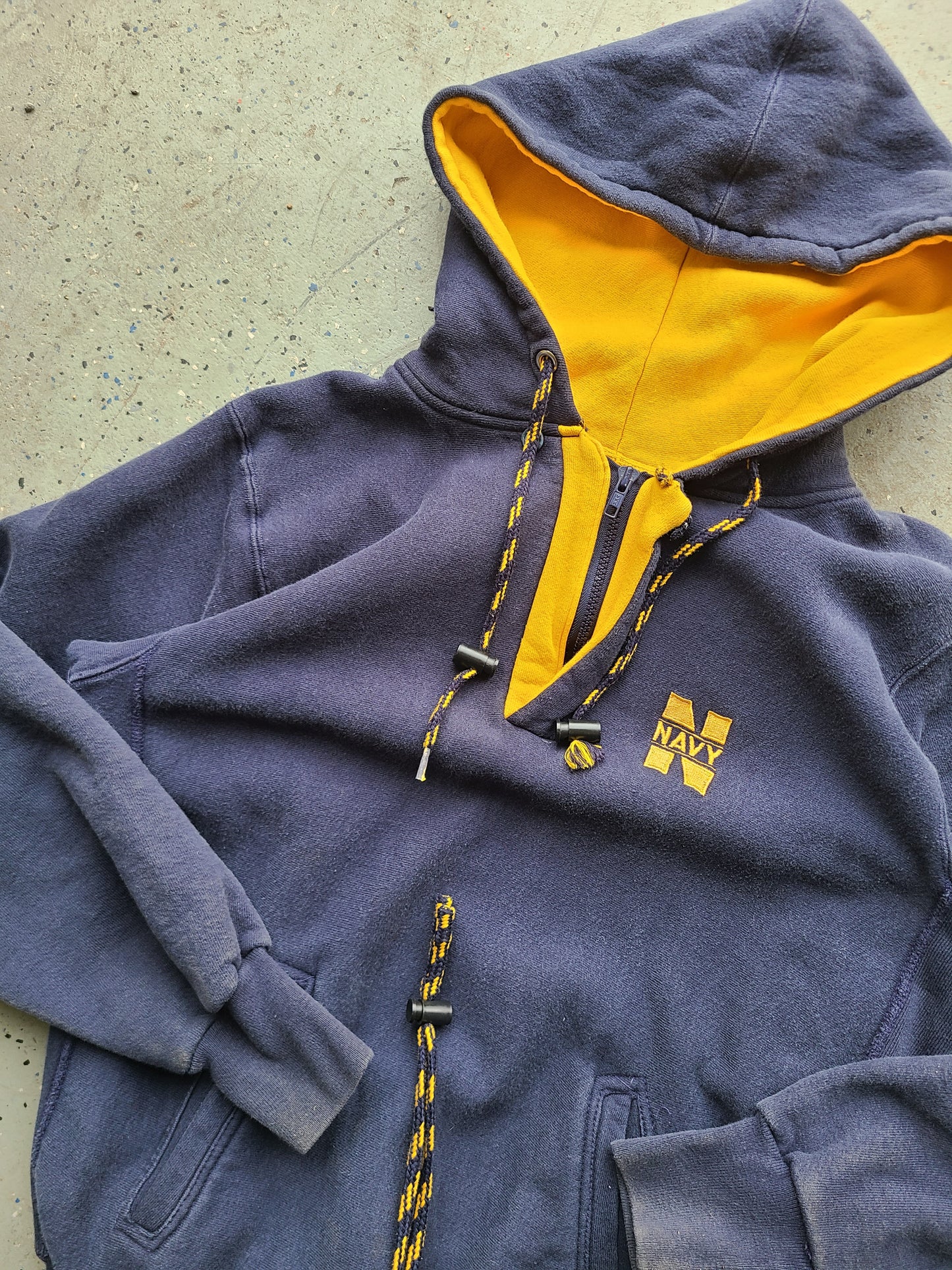Vintage mvp Corp Pro Weave Navy Drawstring Quarter Zip Hoody Size Medium