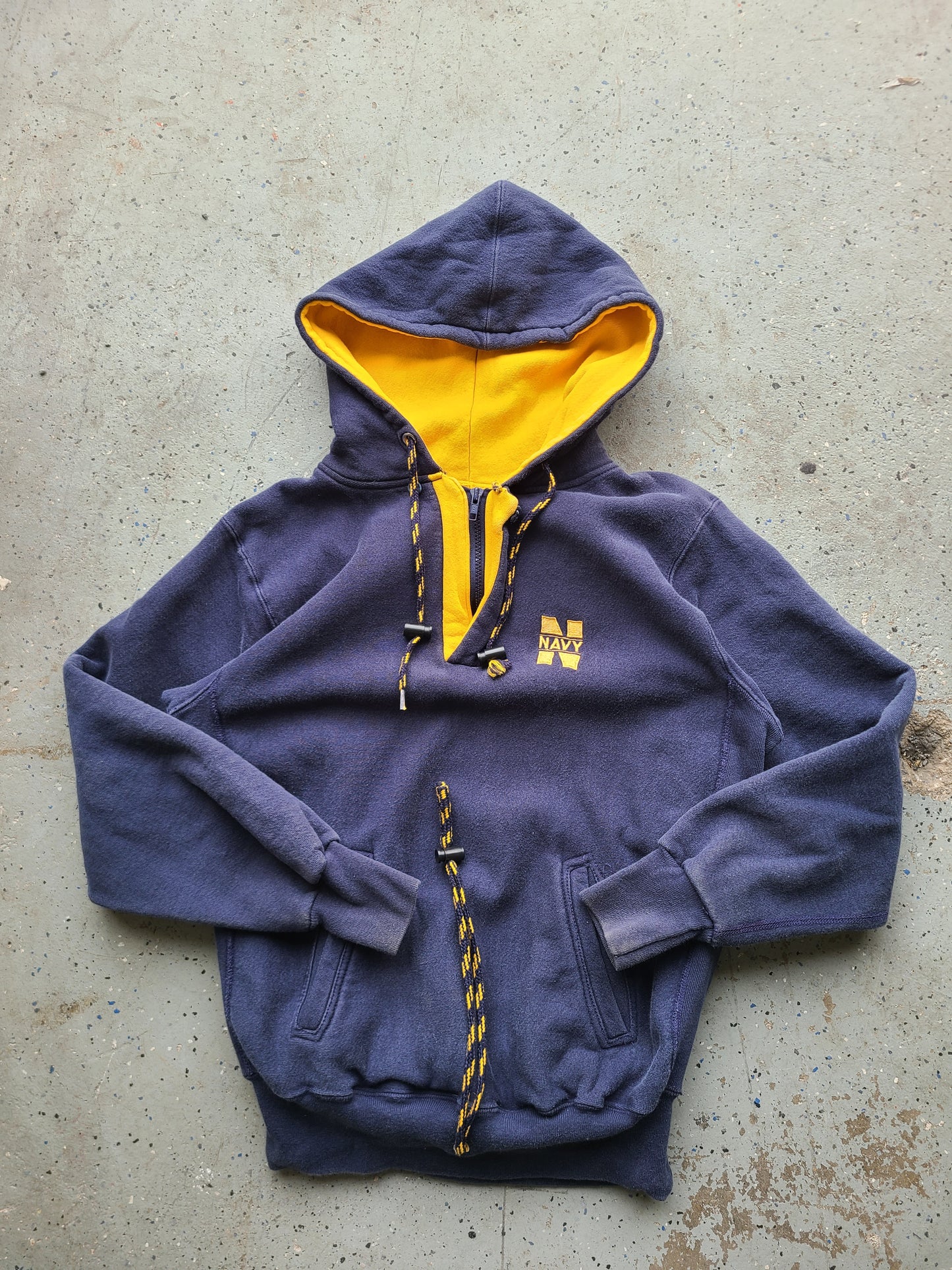 Vintage mvp Corp Pro Weave Navy Drawstring Quarter Zip Hoody Size Medium